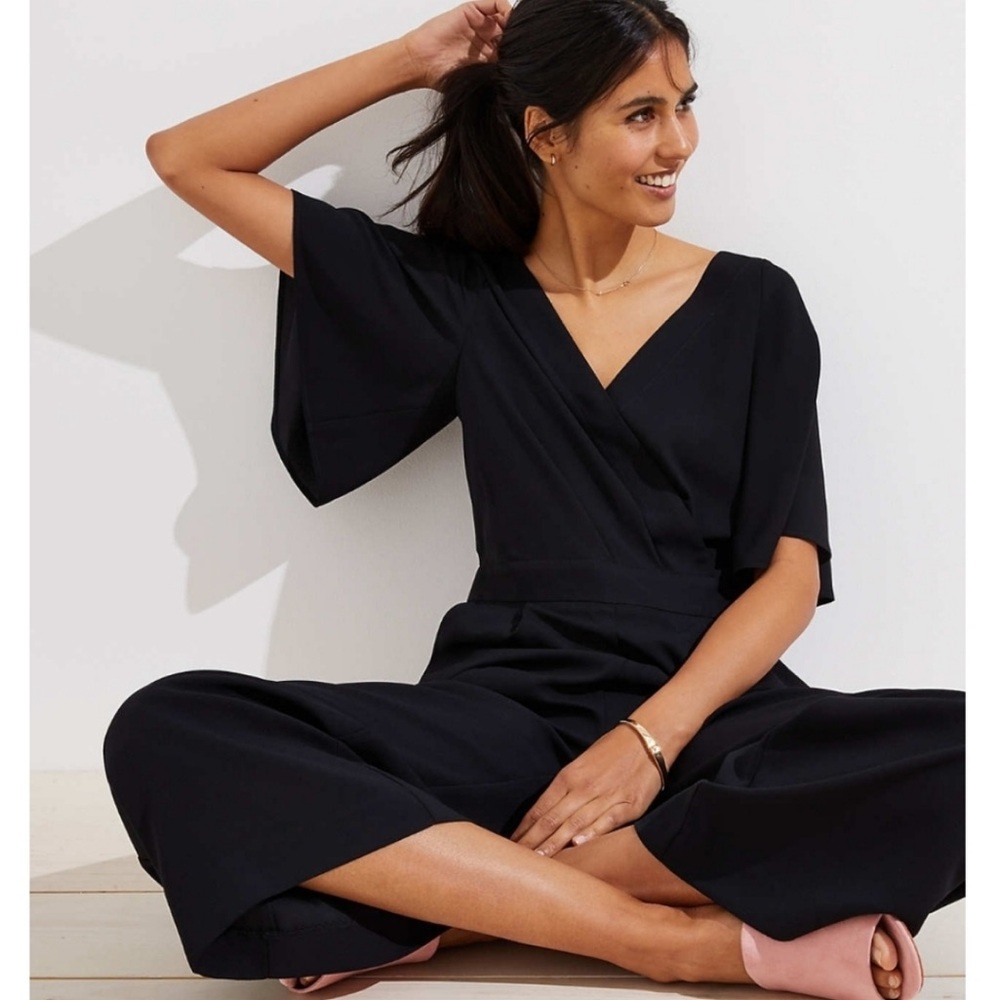 NWT Loft Flare Sleeve Wrap Black Jumpsuit Size 00